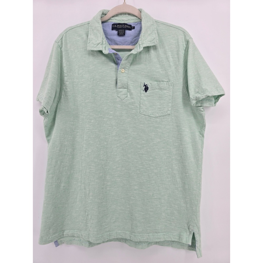 US Polo Assn Mens XL Slim Fit Short Sleeve Polo Shirt Green Slub 118285PO